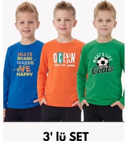 Resim Fyk Kids 3'lü Yuvarlak Yakalı Baskı Detaylı Uzun Kollu Basic 3 Parça Erkek Çocuk Tişört Turuncu - Yeşil 