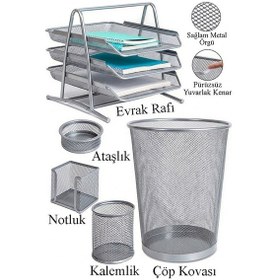Resim Gümüş Gri Metal Evrak Rafı 3 Lü Masaüstü Kalemlik 3 Lü Ve Fileli Çöp Kovası 1 Paket Masaüstü A4 Dosya Düzenleyici Not Gümüş Gri 