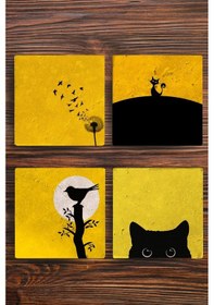 Resim Doğal Taş Bardak Altlığı Ters Işık Sarı Renkler Baskılı 4'lü Set Çok Renkli 