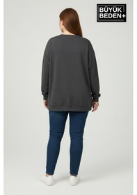 Resim Süperlife Kadın Büyük Beden M Baskılı Bisiklet Yaka İnce Sweatshirt Spr26bswk956-13 Antrasit 