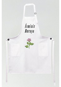 Resim Mutfak Önlüğü Kişiye Ve İsme Özel Nakışlı Mutfak Önlüğü Gül01 Farklı Renkler Beyaz 