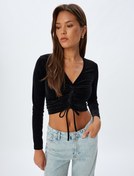 Resim Kadife Crop Tişört Büzgülü V Yaka Uzun Kollu Slim Fit 