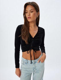 Resim Kadife Crop Tişört Büzgülü V Yaka Uzun Kollu Slim Fit 