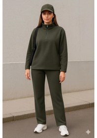 Resim Defymoda Kadın Balıkçı Yaka Fermuar Detay Polar Sweat Ve Pantolon Ikili Takım Haki 