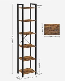 Resim VASAGLE Raf, Kitaplık, dikili Raf, DVD Rafı, 6 seviyeli, ofis Rafı, açık Raflar, ofis, Oturma Odası, Yatak Odası, mutfak için, 30 x 40 x 187,5 cm, Vintage Kahverengi-Siyah LLS101B01 