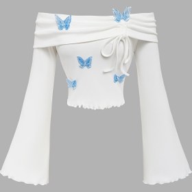 Resim 1 adet Kadın Beyaz Omuz Açık Fırfırlı Kol Tişört, Mavi Kelebek Süslemeleri, Şirin Fırfır Detayı, Polyester Triko Kumaş, Normal Boy, Tüm Mevsimlere Uygun Moda Üst 