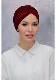Resim Hürrem Bone Bordo Pratik Hazır Geçmeli Tesettür Bone Fukuro Sandy Kumaş Büzgü Bordo 