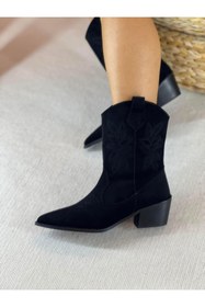 Resim SHOEMARK Opal Siyah Süet Nakışlı Western Kadın Bot 