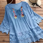 Resim Kadınlar İçin İlkbahar Yaz Casual Vintage Bluz - Kontrast Dantel Detaylı ve Çiçek Nakışlı Bol Kesim Yarı Şeffaf Üst, Plaj ve Bahçe Partileri için Nefes Alabilen Yuvarlak Yaka Gömlek, Sıcak Hava Üstü, Hafif Kadın Stili, Feminine Gardırop 