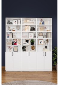 Resim Asra Trend K-50 %100 MDF 180 cm 3 Modüllü Kapaklı Kitaplık Raflı Kütüphane Beyaz 