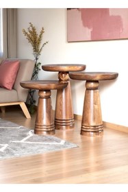 Resim ASELYA HOME Doğal Ahşap 3’lü Set Mantar Yan Sehpa Modern Fiskos Zigon Çiçeklik 