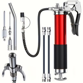 Resim Ağır Hizmet Yağ Tabancası Kiti, 8000 PSI, Paslanmaz Çelik Hortum, 14oz, 18 inç Hortum, Aksesuarlar, Uzatma Tüpü, Nozul Başlığı, Çeşitli Otomotiv ve Endüstriyel Yağlama Aksesuarları Dahil 