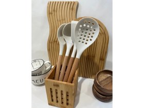 Resim Bambu Saplı Silikon Mutfak Servis Seti, Pişirme ve Servis Takımı, 4 Parça, Beyaz 