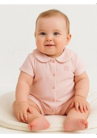 Resim Zekids Kız Bebek Bebe Yakalı Organik Pamuklu Kısa Kol Şort Tulum-15918 Pembe 