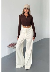 Resim Kadın Polo Yaka Çift Fermuarlı Crop Sweatshirt Kahverengi - 26k 1785 Kahverengi 