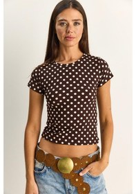 Resim Shade Kadın Bisiklet Yaka Puantiyeli Kısa Kollu Likralı Crop T-shirt 6137 60286127 - Kahverengi-bej Çok Renkli 