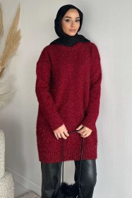 Resim Gülseli Simli Tesettür Triko Tunik Bordo TZL-P-00020160 