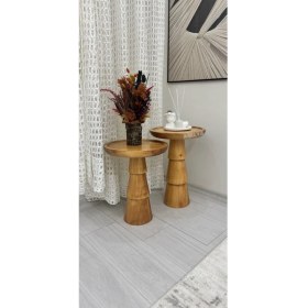 Resim Ahşap 2'li Set Mantar Yan Sehpa Modern Meşe Renk Fiskos Zigon Çiçeklik 