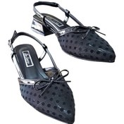 Resim De Scarıo 570 Kadın Fileli Arka Açık Kalın Kısa Topuklu Ayakkabı Siyah Siyah 