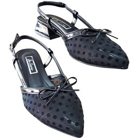 Resim De Scarıo 570 Kadın Fileli Arka Açık Kalın Kısa Topuklu Ayakkabı Siyah Siyah 