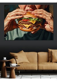 Resim Ahşap Tablo Dev Hamburger Yiyen Çocuk Portresi 