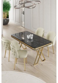 Resim Canisa Rigel Serisi 80x130 Lak Panel Siyah Mermer Desen Masa Takımı Gold Ayaklı 4 Krem Sandalye Masa Siyah Mermer Desen Sandalye Krem 