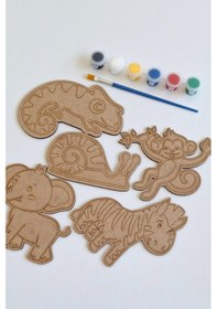 Resim Boya, Eğlen, Keşfet - Çocuklar İçin Eğitici Safari 5 Parça Ahşap Boyama Seti 