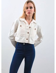 Resim Kadın Ekru Crop Kesim Jean Ceket ekru 