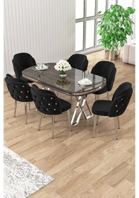 Resim Canisa Zae Serisi 90x168 Lak Panel Antrasit Ironi Krom Ayak Masa Takımı 6 Siyah Sandalye Siyah Mermer Desen Masa Sandalyeler Siyah 