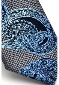 Resim Gaffy Mavi Lacivert Şal Desenli Gri Dokuma Kumaş Mendilli Slim Fit Kravat // Sdk-240115 Çok Renkli 