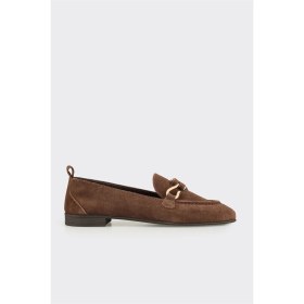 Resim Elle Kahve Deri Kadın Loafer 