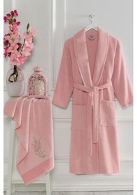 Resim Şalyaka Kadın Erkek Pamuklu Havlulu Banyo Bornoz Takımı Pembe 
