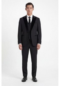 Resim Giotelli Erkek Siyah Dar Kesim Slim Fit Viskon Dokuma Normal Bel 6 Drop Yelekli Klasik Smokin Takım Elbise 