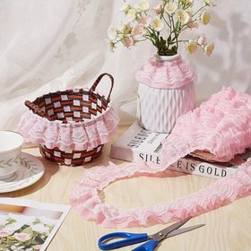 Resim 1 Adet Pembe Çift Katmanlı Fırfır Şifon Dantel Kenarlık - 5 cm Genişliğinde Elastik Karışımlı Kumaş DIY Dikiş El Sanatları, Giysi, Yastık Kılıfı ve Ev Dekorasyonu Süsleme için, El İşi Malzemeleri | Dekoratif Dantel | Yarı Saydam Materyal, Dantel Kumaş 