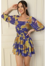 Resim By Saygı Kare Yaka Beli Gipeli Astarlı Soyut Desen Kat Kat Şifon Elbise-36199-mor Mor 