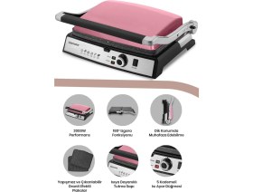 Resim Paslanmaz Çelik 2000W Pembe Tost ve Izgara Makinesi, Granit Plakalarlı 