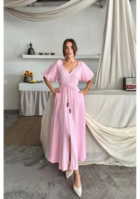 Resim Defymoda V Yaka Bel Boncuk Bağlamalı Müslin Elbise Yırtmaç Detaylı - Pembe Pembe 