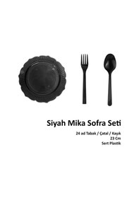 Resim Omeyva 23 Cm. Siyah Sorfa Piknik Seti - Sert Mika Plastik - 24 Kişilik Tabak Çatal Kaşık Takımı 