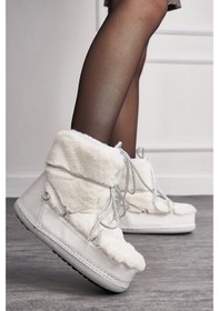 Resim Günlük Kadın Kar Botu Kürklü Bağcıklı Anne Kız Rahat Astarlı Kalın Taban 327 Beyaz 