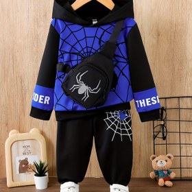 Resim Erkek çocuklar için "siyah örümcek, örümcek ağı" moda ve kişilik, siyah ve mavi gençlik, renkli yama manşet, İngilizce harf deseni, çok yönlü kapüşonlu kısa kollu & siyah pantolon & örümcek çanta üç parçalı set 