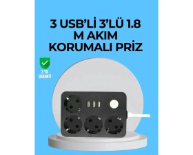 Resim TKÇ 3 USB Çıkışlı 4’lü Akıllı Priz 2500W 2 Metre Kablo 