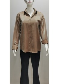 Resim Kadın Uzun Kollu Düğmeli Salaş Parlak Dokuma Kumaş Kahve Rengi Kahverengi 