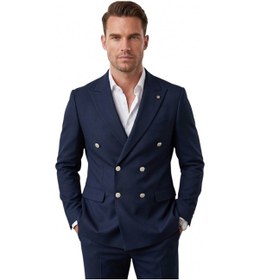 Resim Deep Sea Deepsea Erkek Lacivert Slim Fit Kruvaze Takım Elbise Likralı Çizgili Dokulu Metal Düğmeli 2600820 