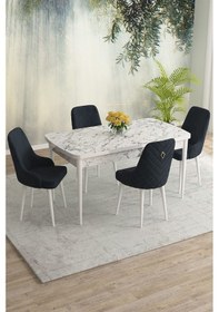 Resim Meri Serisi 80x132 Açılabilir Mdf Beyaz Mermer Desen Masa Takımı 4 Kahve Sandalye Antrasit 