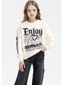 Resim DeFacto Kız Çocuk Oversize Geniş Kalıp Bisiklet Yaka Baskılı Sweatshirt D6629A824AUER99 Ekru 