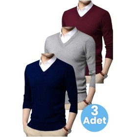 Resim Tezzgelsin 3'lü Erkek V Yaka Uzun Kol Triko Tüylenmez Süveter Erkek Slim Fit Süveter Lacivert - Gri - Bordo 