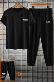 Resim YUVEST Paris Baskılı Eşofman Altı ve T-shirt Siyah Alt Üst Eşofman Takımı Oversize Bisiklet Yaka 