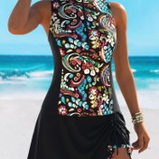 Resim Kadınlar için [Tatil Gerekliliği] Moda Tankini Takımı - Canlı Paisley & Çiçek Baskı, Esnek Polyester/Elastan Karışımı, Püskül Detaylı Yüksek Bel Etekli Alt, Makinede Yıkanabilir 