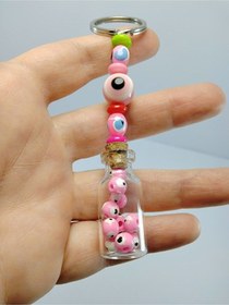 Resim Nazar Boncuğu Anahtarlık El Yapımı Şişe Pembe Hediyelik Aksesuar 