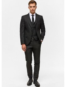 Resim Süvari Siyah Slim Desenli Mono Yaka 6 Drop Yelekli Takım Elbise-38744 Siyah 